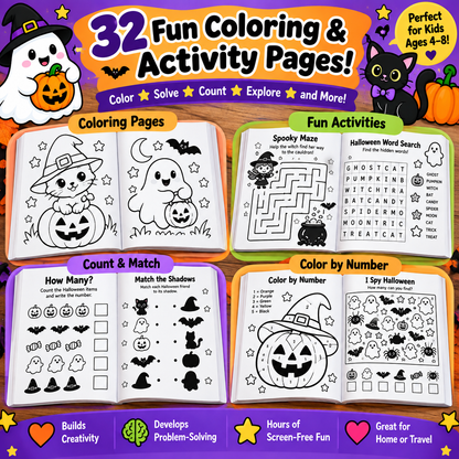 Cute Halloween Coloring & Activity Book for Kids Ages 4–8